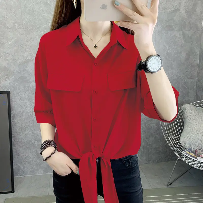 Fashion Lapel Spliced Pockets Button Oversized Bandage Chiffon Shirt 2022 Summer New Commute Tops Loose Casual Women\'s Blouse