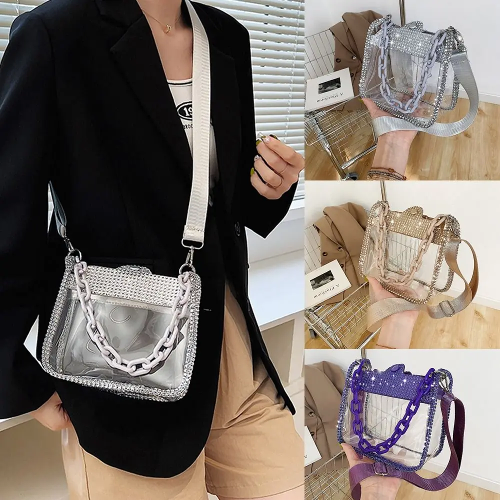 

Novelty PVC Shoulder Crossbody Bag Adjustable Strap Rhinestone Transparent Bag Chain Shoulder Strap Square Handbag Party