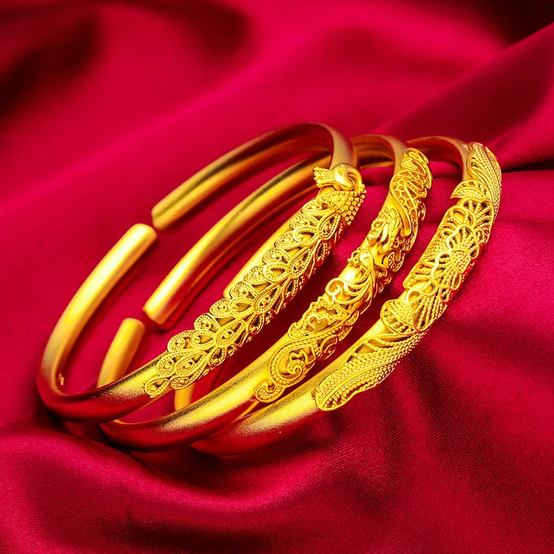 Ins Chinese Gold Bracelet! 24K Gold AU999 Women's, Hollow Peacock Feather + Matte Lotus Dragon, Open Fit Eye-Catching
