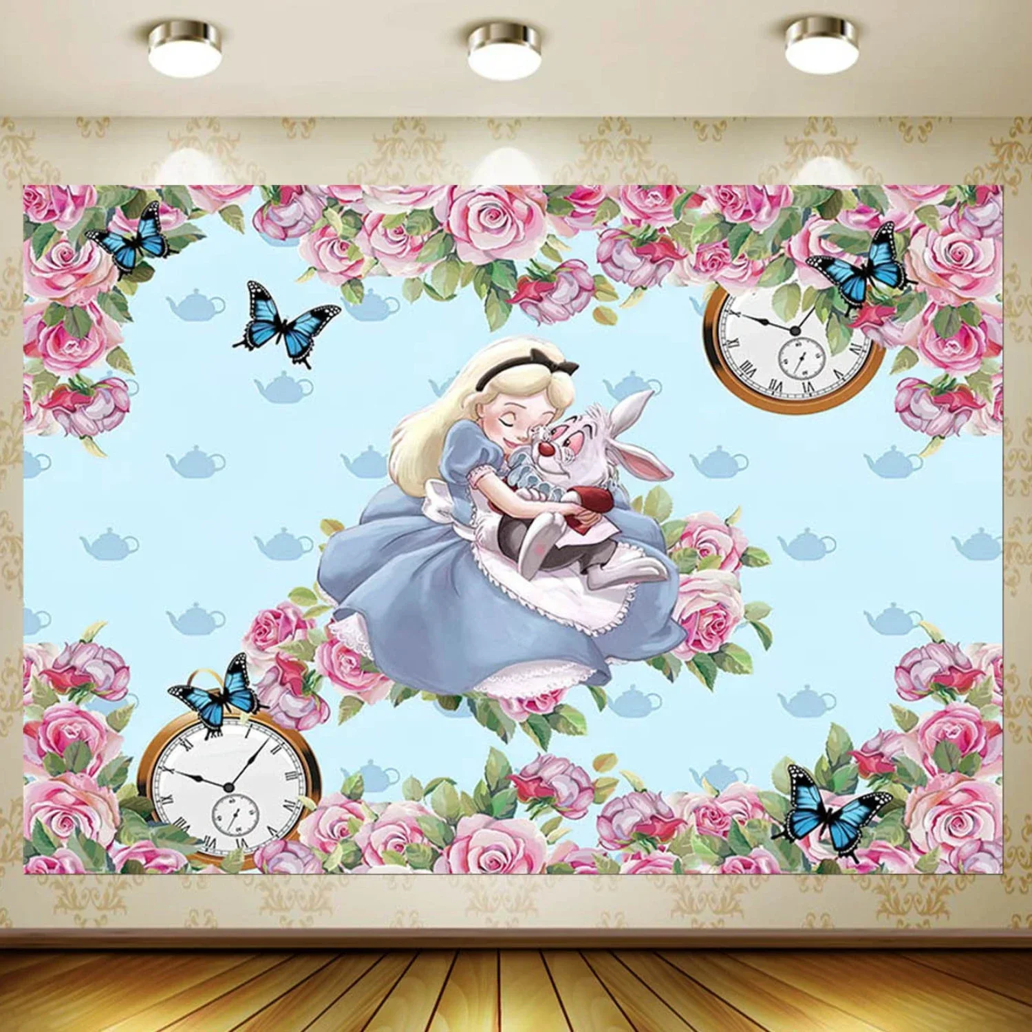 New Alice in Wonderland Theme Girls Birthday Party Background Anime Cartoon Vinyl Decor Kids Photography Wall Hanging Supplies