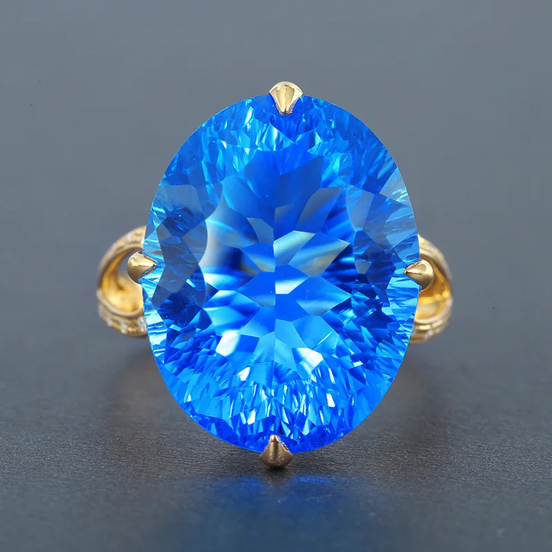 

High-end Bird's Nest Cut Dove Egg Colored Gem Open Ring Imitation Swiss Blue Oval Natural Topaz Ring