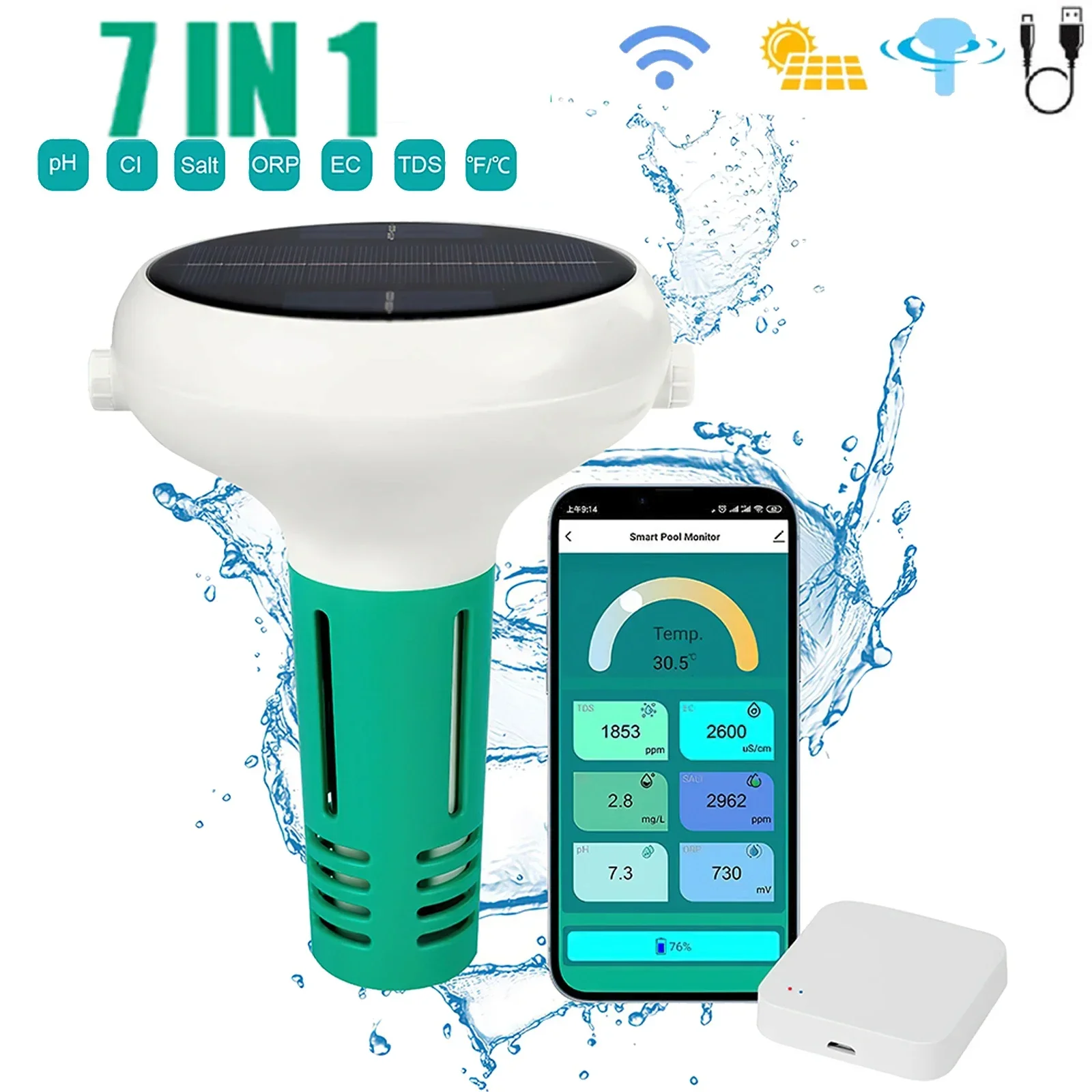 7 in 1 Tuya Zigbee Swimming Pool Water Quality Tester PH ORP EC TDS Salinity Temperature CL Test Analyzer Solar Powered