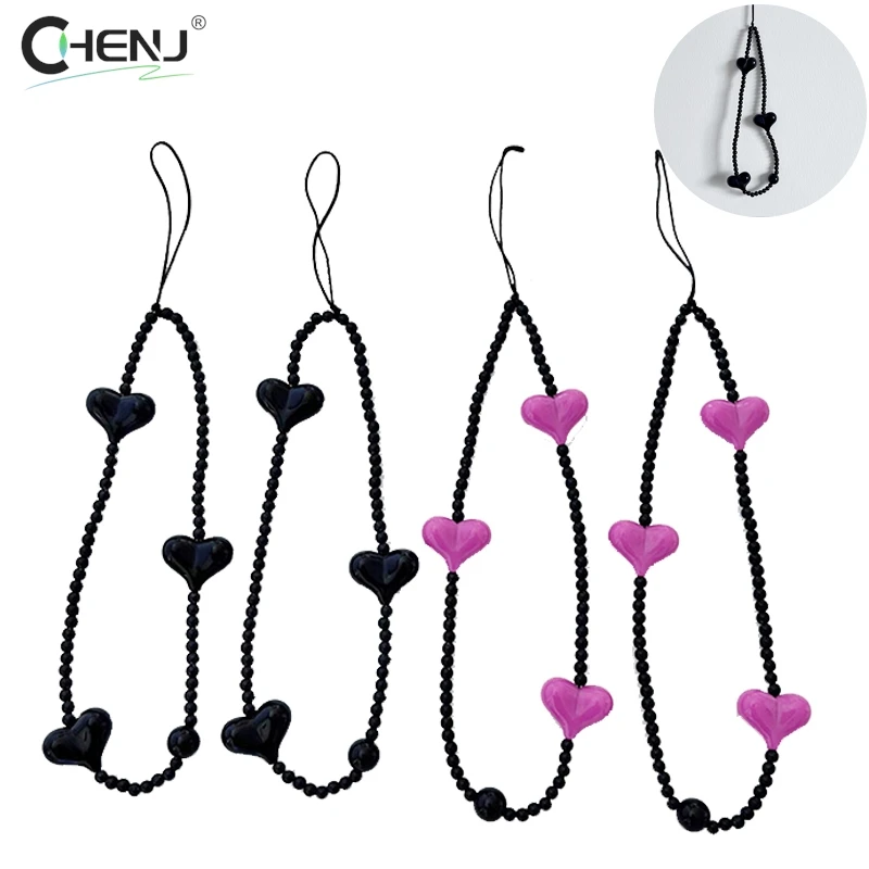 1pcs Black Heart Phone Charm Straps Acrylic Beaded Cell Phone Chains Handy Wristlet String Lanyard Jewelry Accessories