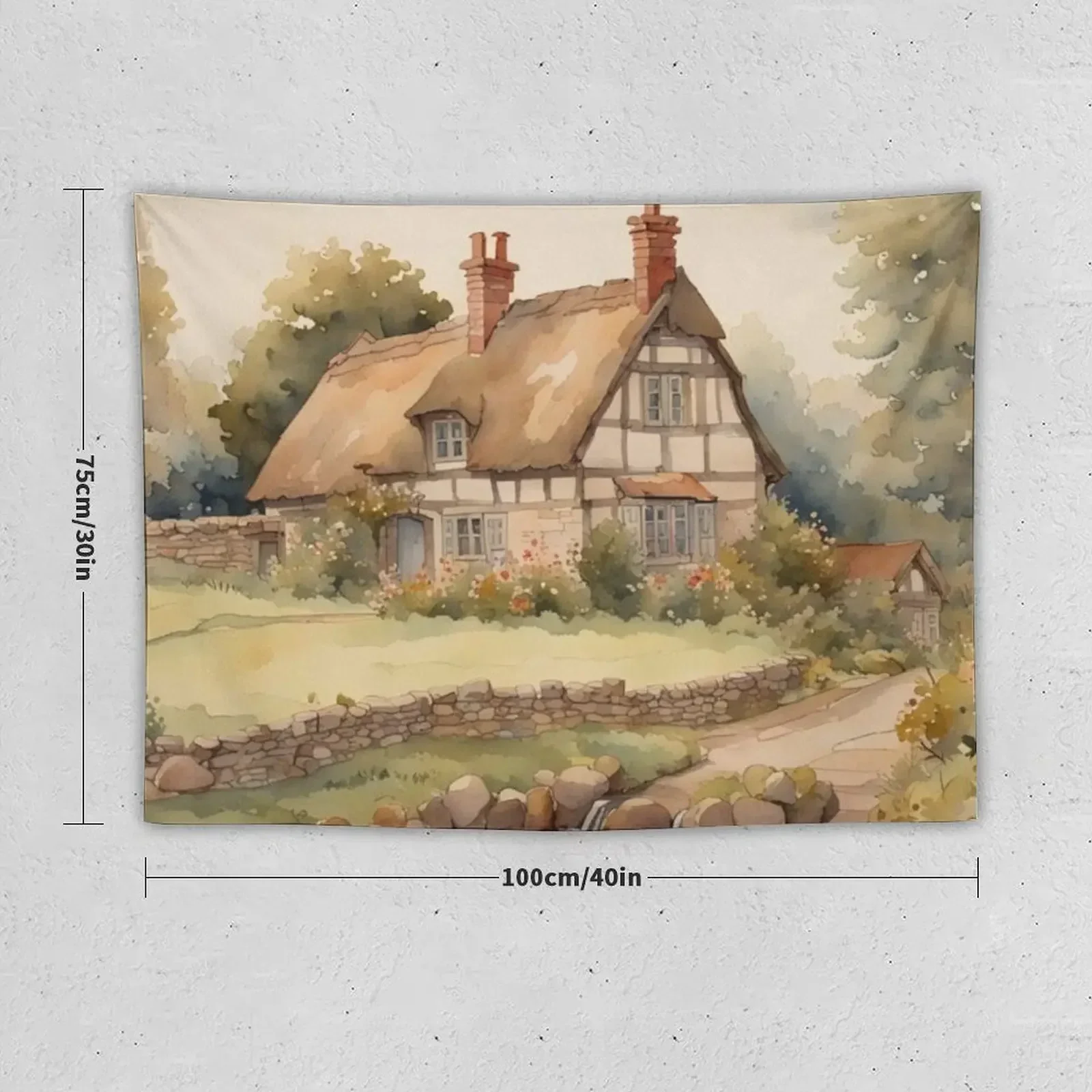 Traditional Old English Medieval Cottage in Summer Watercolor Tapestry Room Decoration Accessories Tapestry