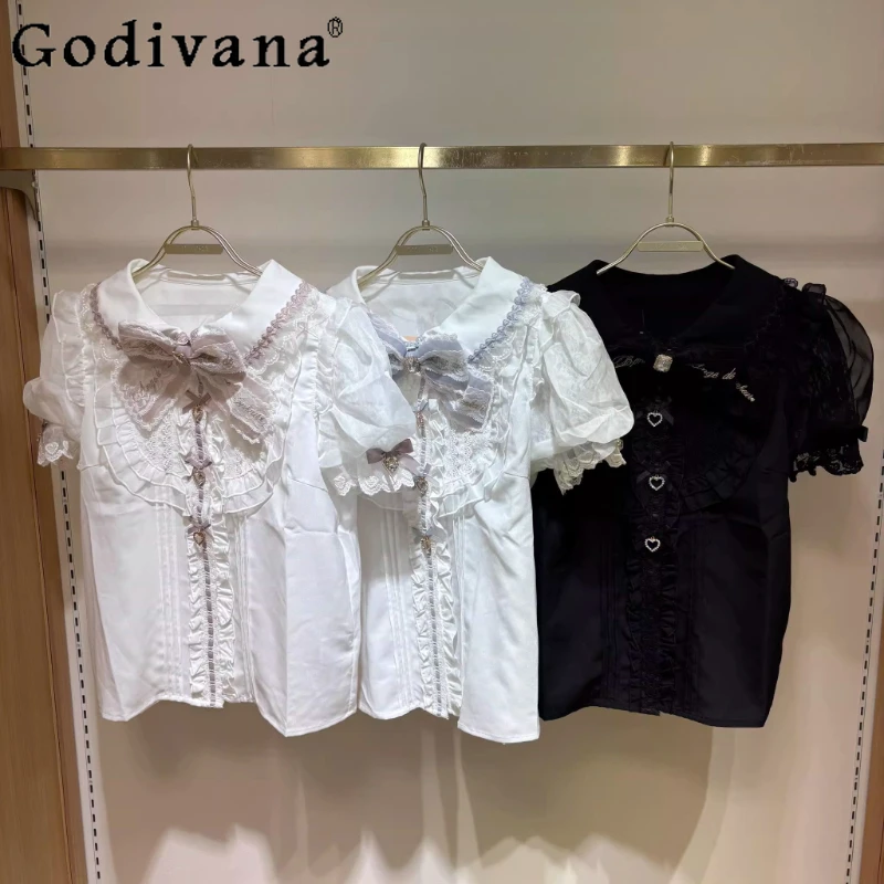 

Liz Shirt Japanese Mine Series Mass-produced Cute Bow Short Sleeve Shirt 2025 Summer New Girls Sweet Lolita Top Camisas De Mujer