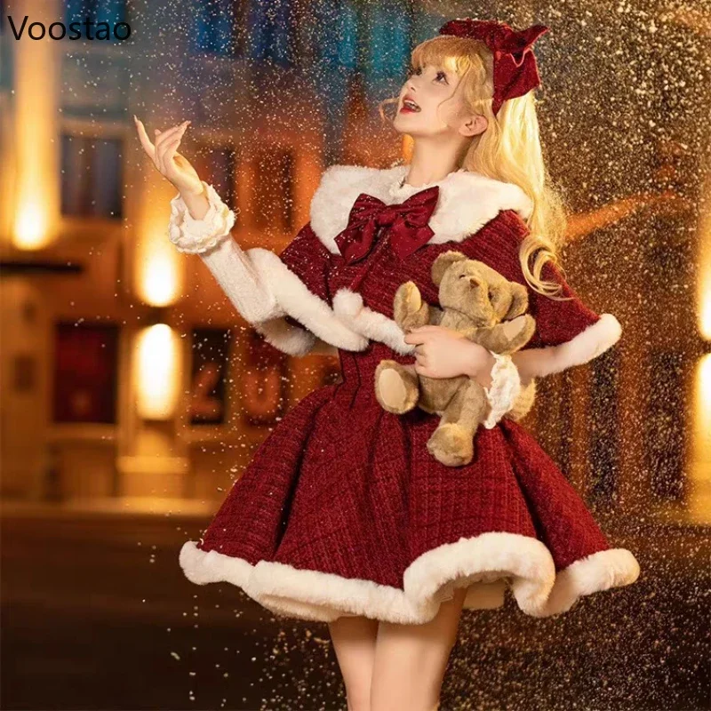 Autumn Winter Christmas Red Dress Sets Women Sweet Bow Plush Shawl Short Jackets Mini Skirts Suit Kawaii New Year 3 Piece Set