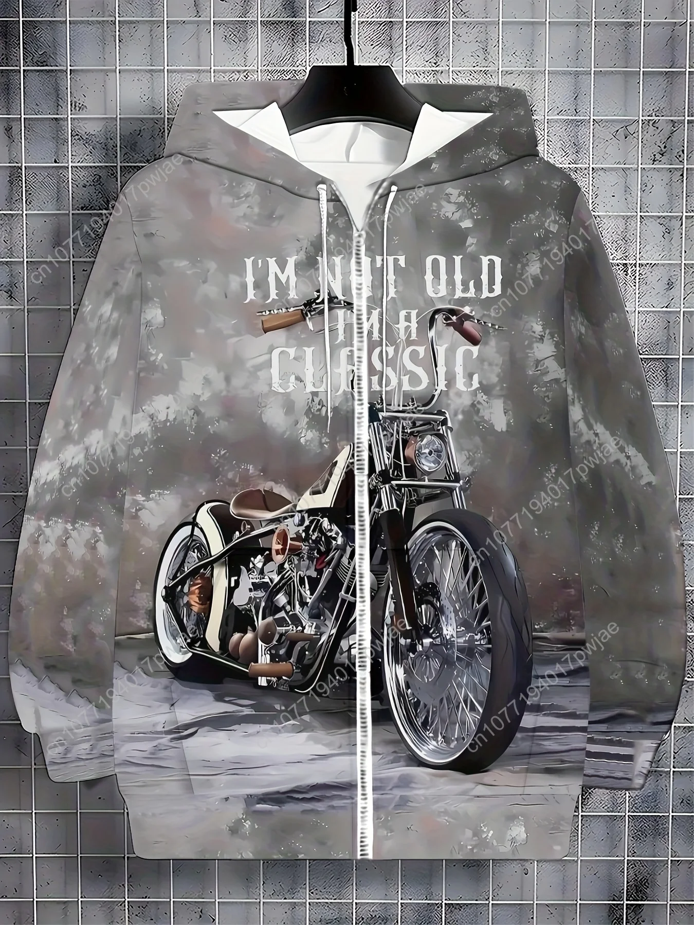 [Мотоциклетная толстовка с принтом] Легкая мужская толстовка на молнии с мотоциклетным принтом из 100% полиэстера |   Винтажный геометрический дизайн, R