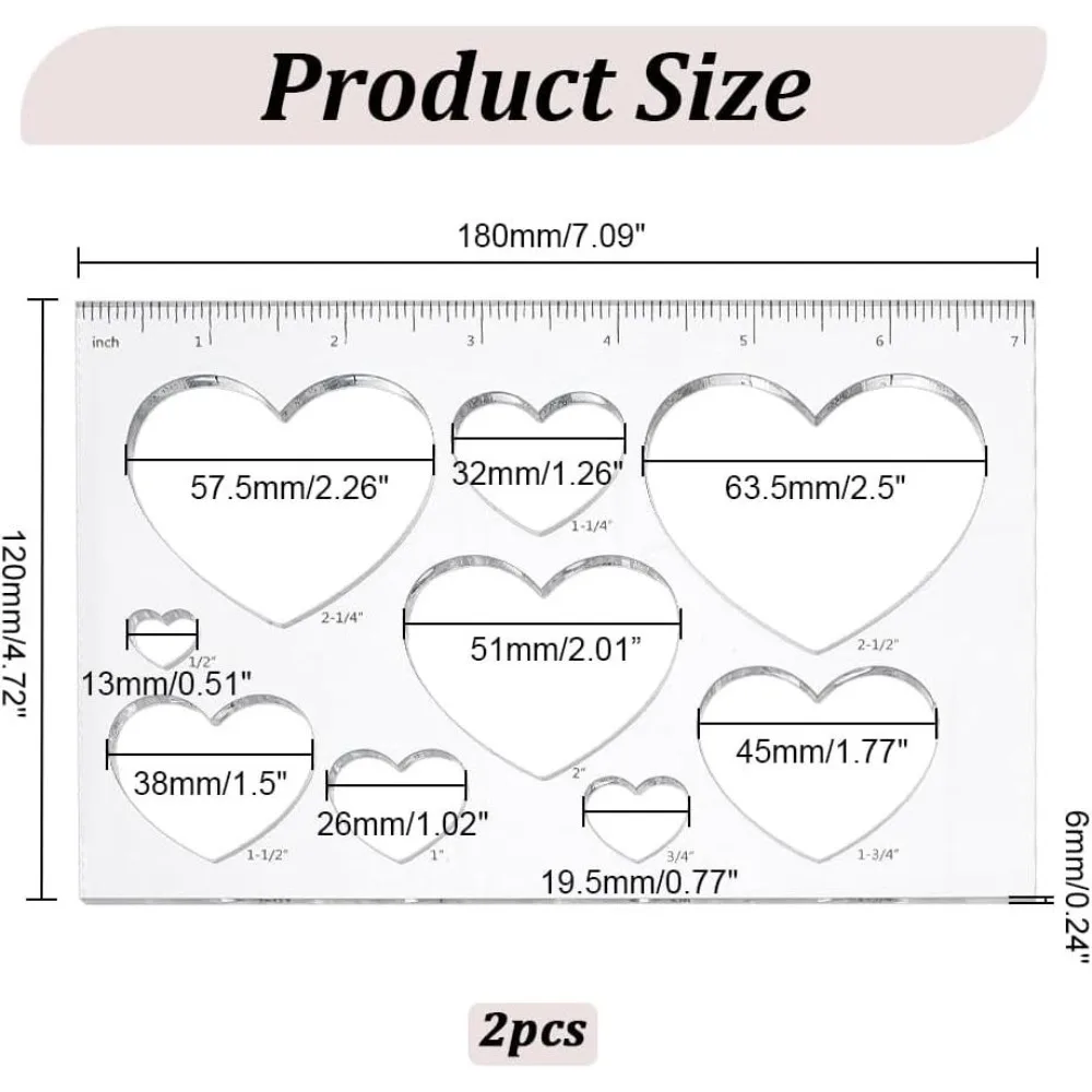 2pcs 9 in 1 Heart Inlay Template Router Stencils Acrylic Templates Drawing Scale Ruler Measuring Tool for Back to School Office