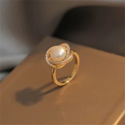 Simple Crystal Rose Flower Shape Ring One Size Imitation Pearl Gold Color Ring For Women Fashion Jewelry Trendy Accessories Gift