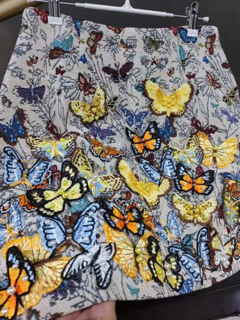 Luxury Butterfly Embroidery Half Skirts For Women's Pearls Beaded Short Pant Skirts Faldas Woman Clothing 2025 Trend Skirt