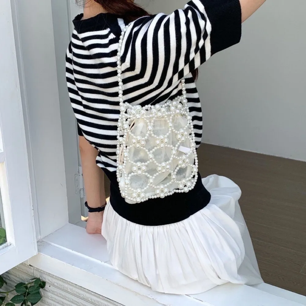

Fashion Luxury Pearl Beaded Bag Bohemia Hollow Out Woven Bead underarm Bag with Inner Bag Handmade Small Phone Pouch Travel