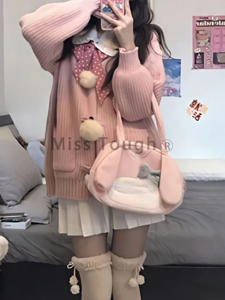 Japanese Sweet Preppy Style Knitted 2 Piece Set Pink Knit Cardigan + Pleated Skirt Women Clothes Winter Chic Harajuku Cute Suit