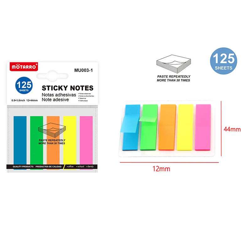 

MOTARRO 5/10 Packs PET Sticky Notes, 25 Sheets 12x44mm Fluorescent Transparent Memo Pads, Flat Head Self-Adhesive Page Markers f