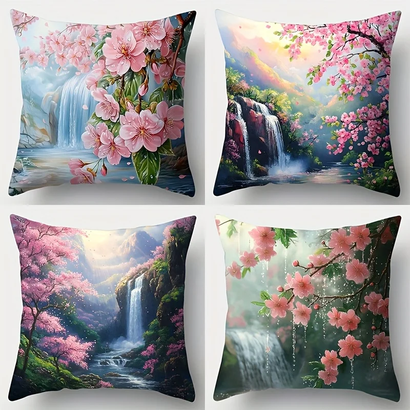 4pcs Waterfall Flowers Single-sided printing Short plush Suitable for living rooms bedrooms sofas (excluding pillow cores)