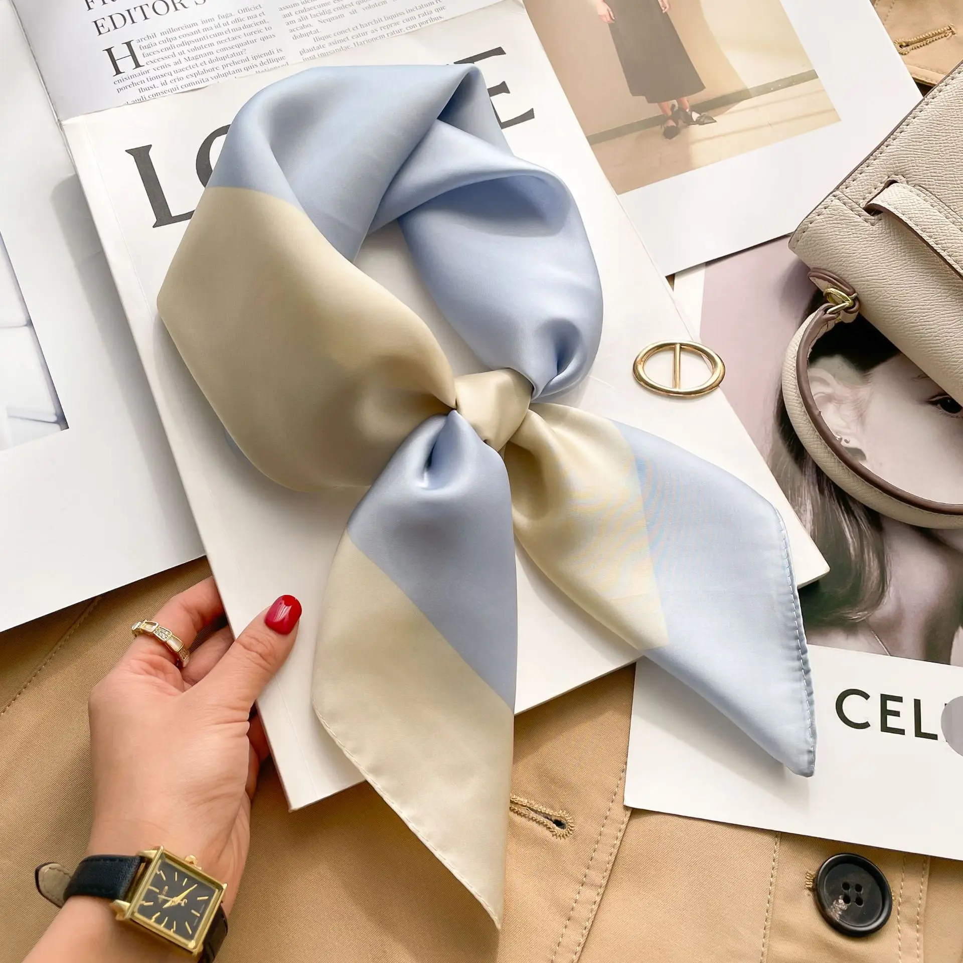 

70cm Square Scarf Luxury Classic Plaid Print Soft Satin Silk Thin Hair Ribbon Hijab Daily Women All Season Head Neckerchief
