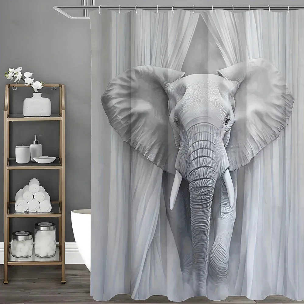 Gray Elephant Shower Curtain, Bathroom Decorative Shower Curtain, Waterproof Shower Curtain with Hooks 180x180cm