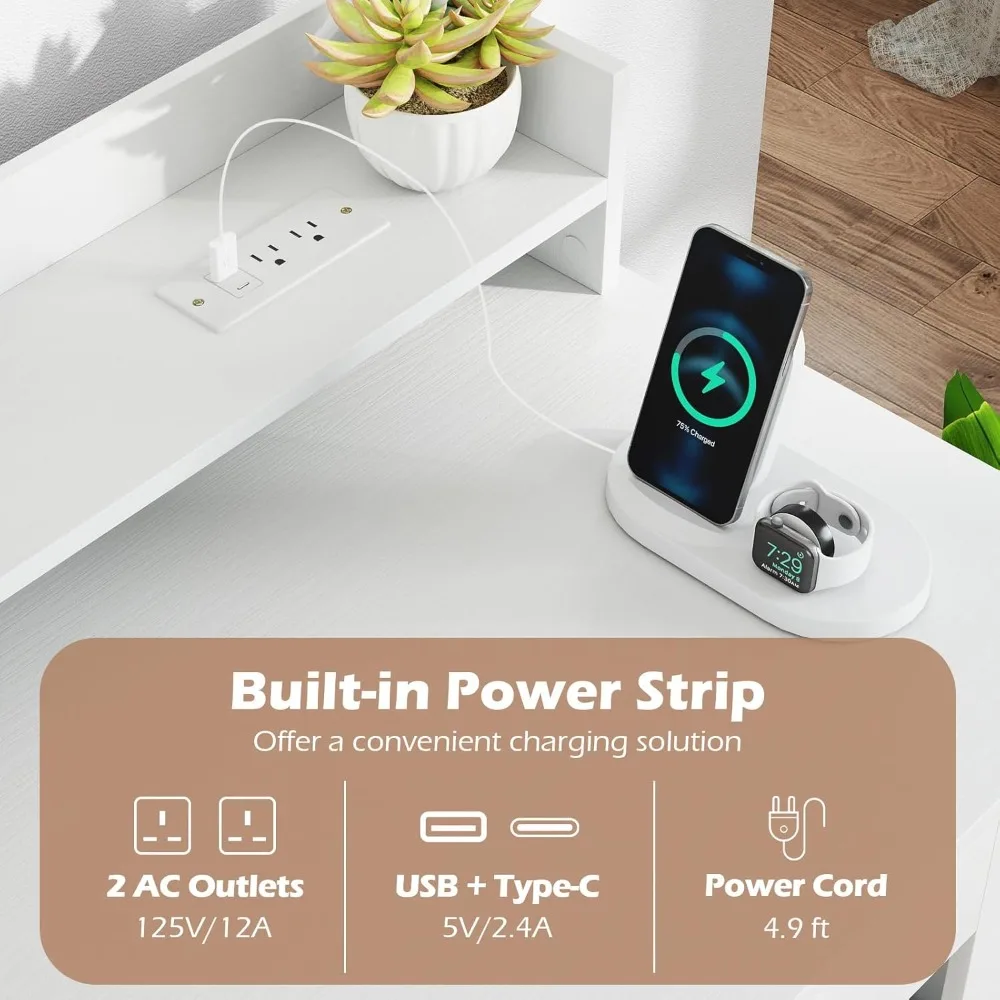 Computer Desk with Power Outlets, 43” Home Office Desk with Monitor Shelf & 2 Bookcases, Modern Writing Desk PC Workstation wit