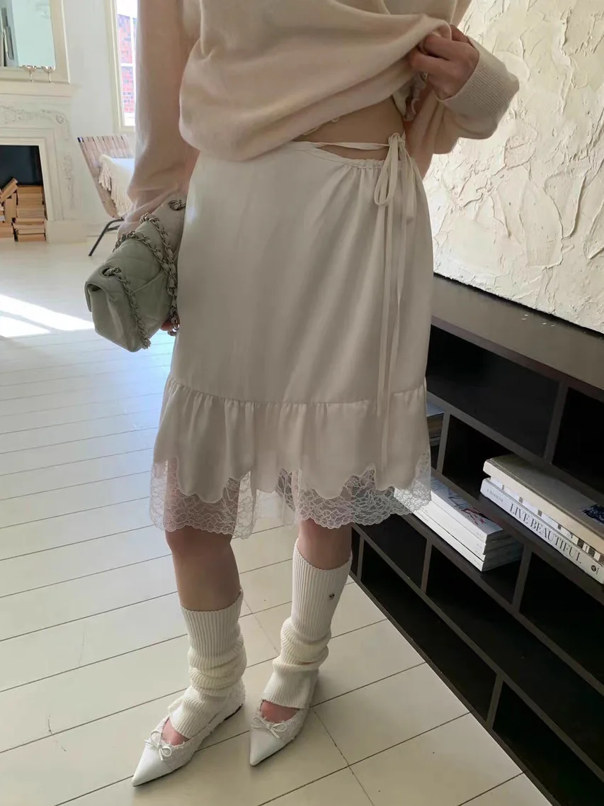 

Юбка-полусолнце Pure Desire Atmosphere Knot с завышенной талией, кружевной отделкой и поясом, утягивающая, весенняя мода, полиэстер