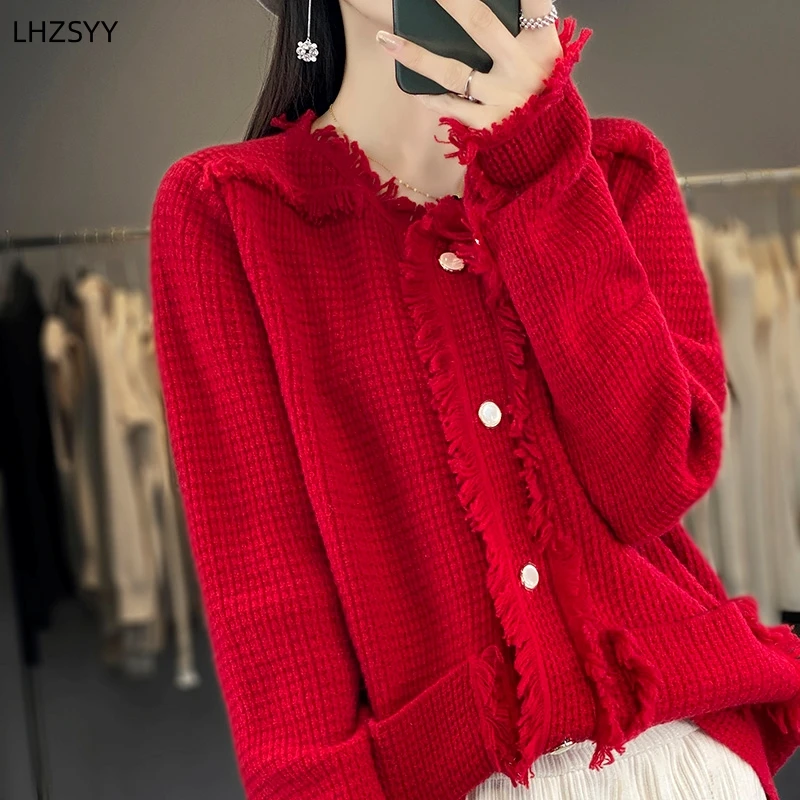 

LHZSYY Women's Cashmere Cardigan Autumn Winter New Fringe Knit Jacket Fashion Large Size Sweater Coat O-Neck Shirt Female Blouse