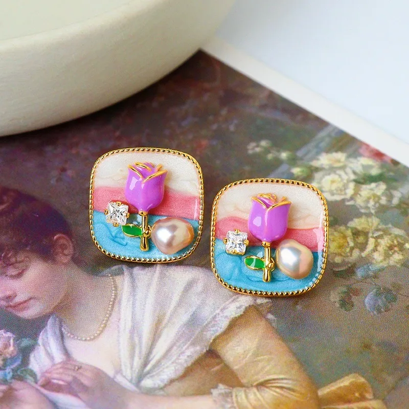 Women's Retro Color Drop Earrings Freshwater Pearl Rose Stud Earrings Fashionable All-match Oil Painting Ear Studs Jewelry Gift image 4