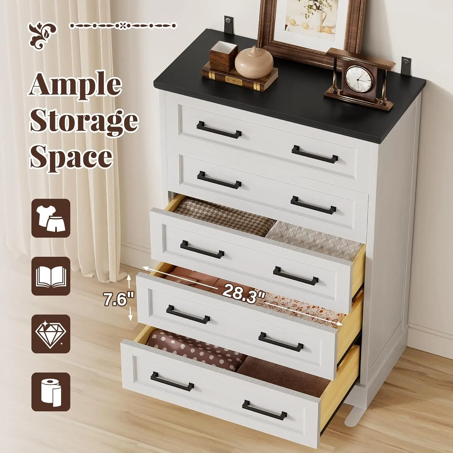 Farmhouse Dresser for Bedroom, 5 Drawers Dresser, Wood Chest of Drawers, 52" Wide Storage Dressers Organizer for Bedroom, Living