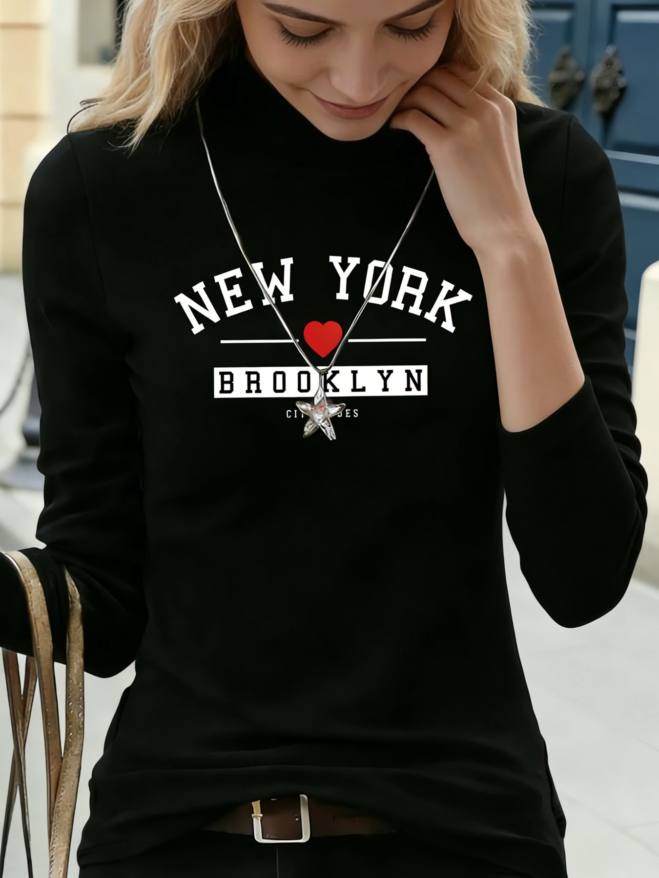 Dames T-shirt met opstaande hals en lange mouwen New York Brooklyn Rode hartprint Casual blouse Basic dagelijks T-shirt Zachte top voor dagelijks gebruik