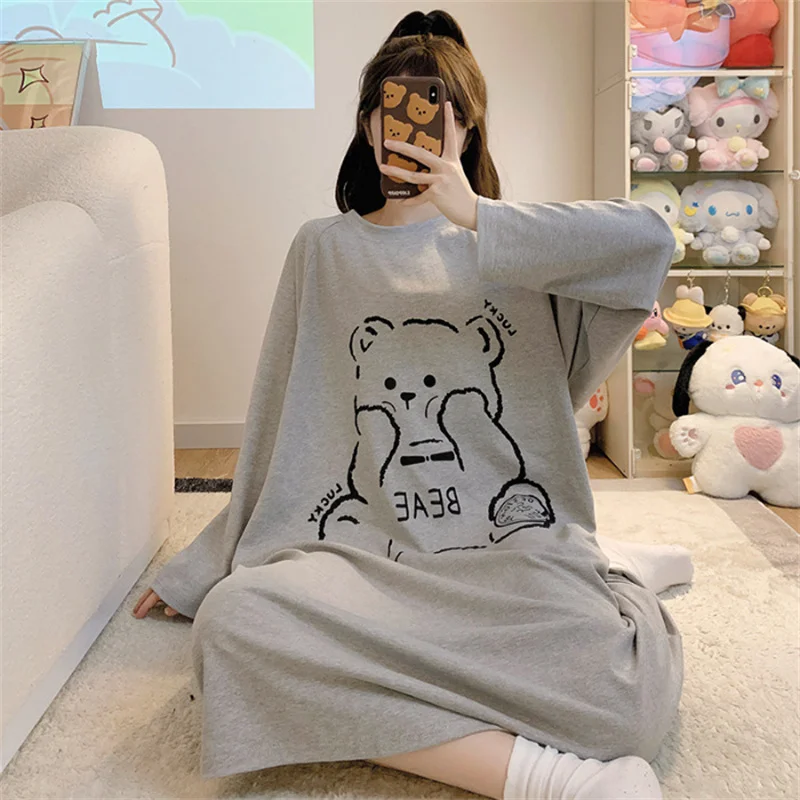 New Spring Summer Cotton Women\'s Pajamas Cute Long-sleeved Nightdress Cartoon Print Dress Home Service