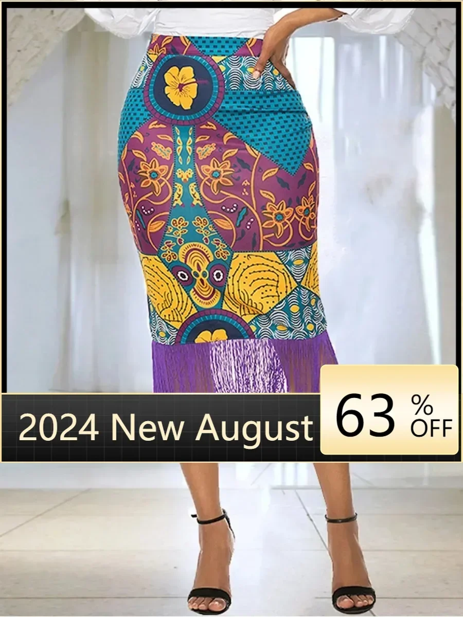 Women Summer Print Skirt Vintage Floral African Fashion High Waist Tassel Classy Modest Elegant Retro Jupes Falads Plus Size New