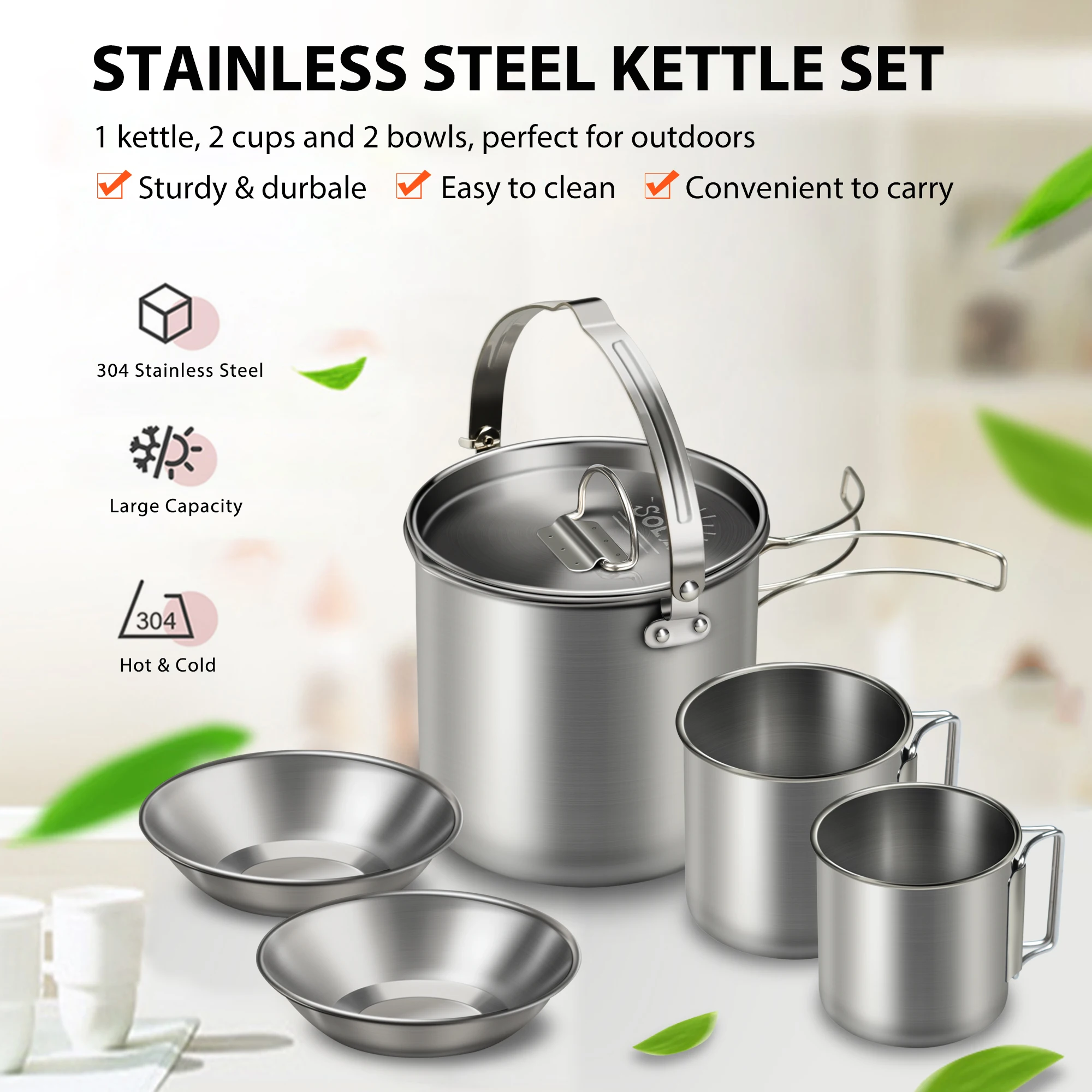 5PCS Stainless Steel Kettle w/ 2 Cups Bowls Foldable Handles Lid Large Capacity Portable Tea Coffee Water Cooking Pot for Picnic