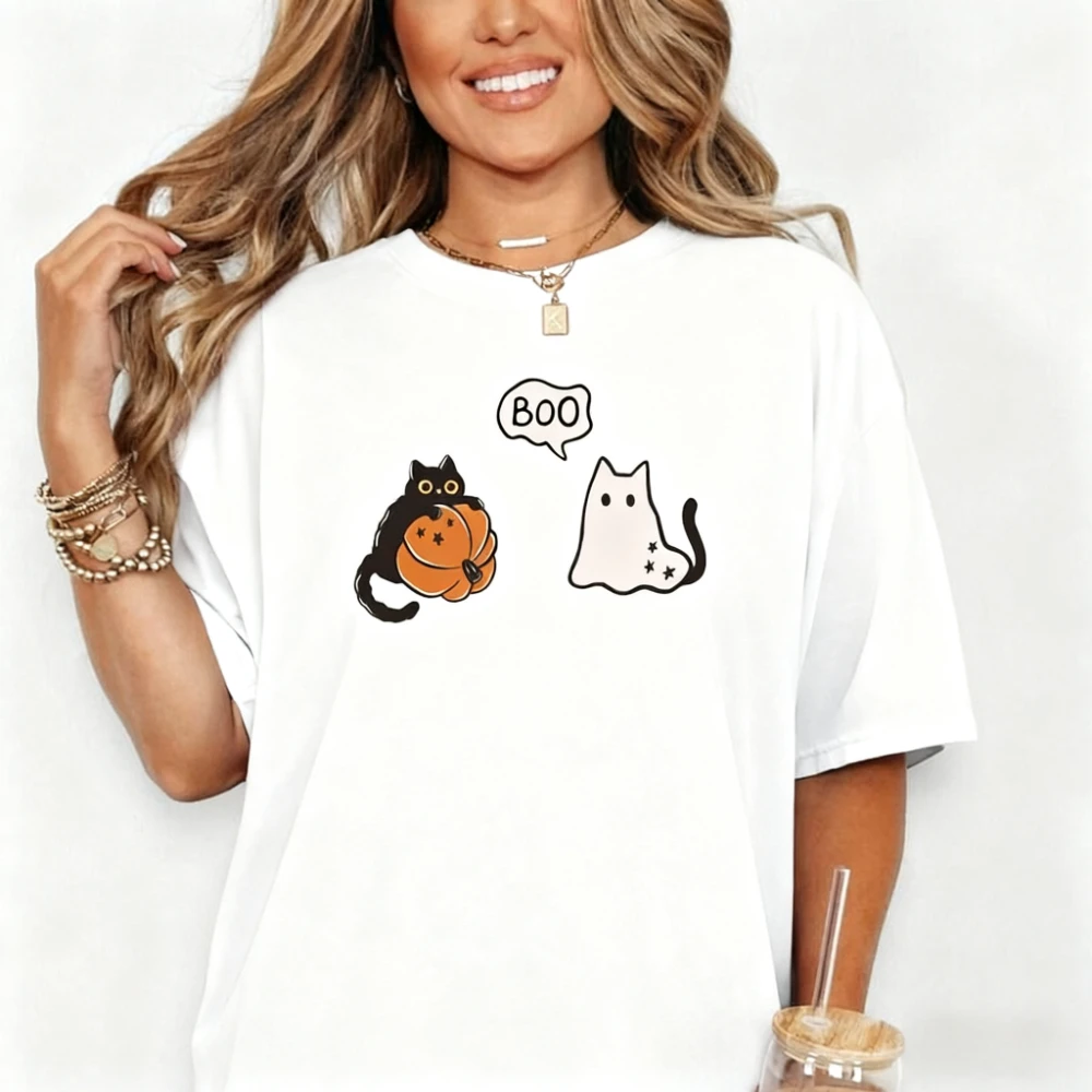 

Halloween Ghost Cat Cute BOO Shirt Spooky Season Tee Pumpkin Black Cat Graphic Printed T-shirt Women Men Casual Simple Tops
