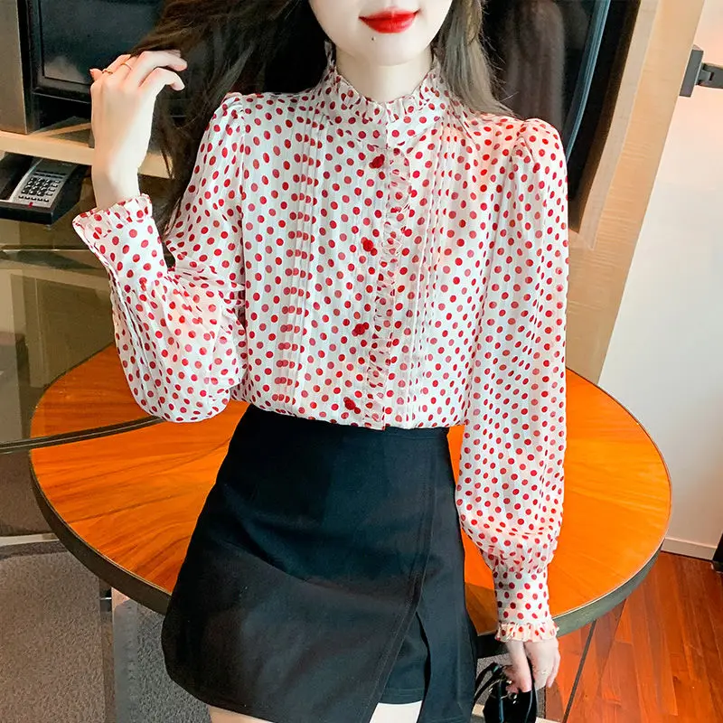 Spring Autumn New Fashion Half High Collar Long Sleeve Blouses Women\'s Clothing Polka Dot Button Loose All-match Korean Shirts