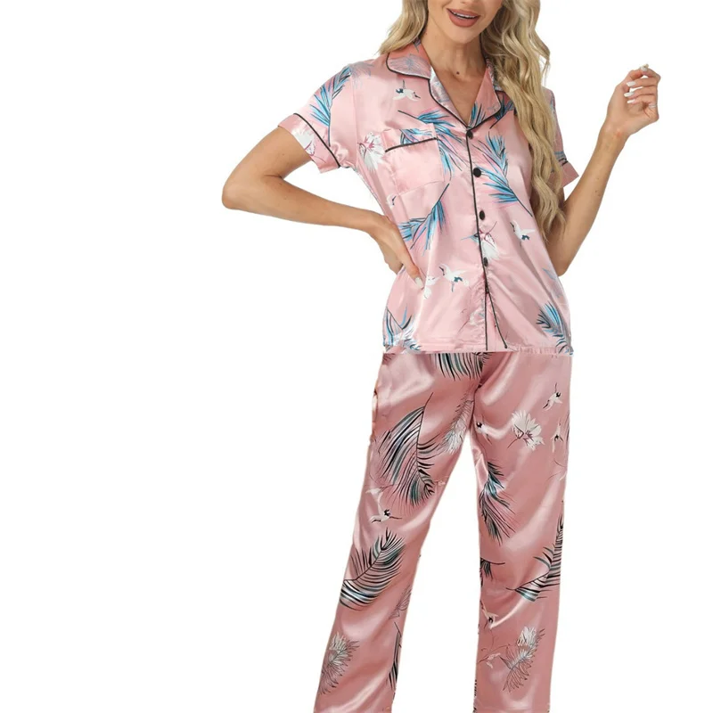 Autumn Silk Satin SleepWear Pajamas Pink White Striped S-XL Short-sleeved With Full Length Pants Nightwear Lingerie Notch Collar