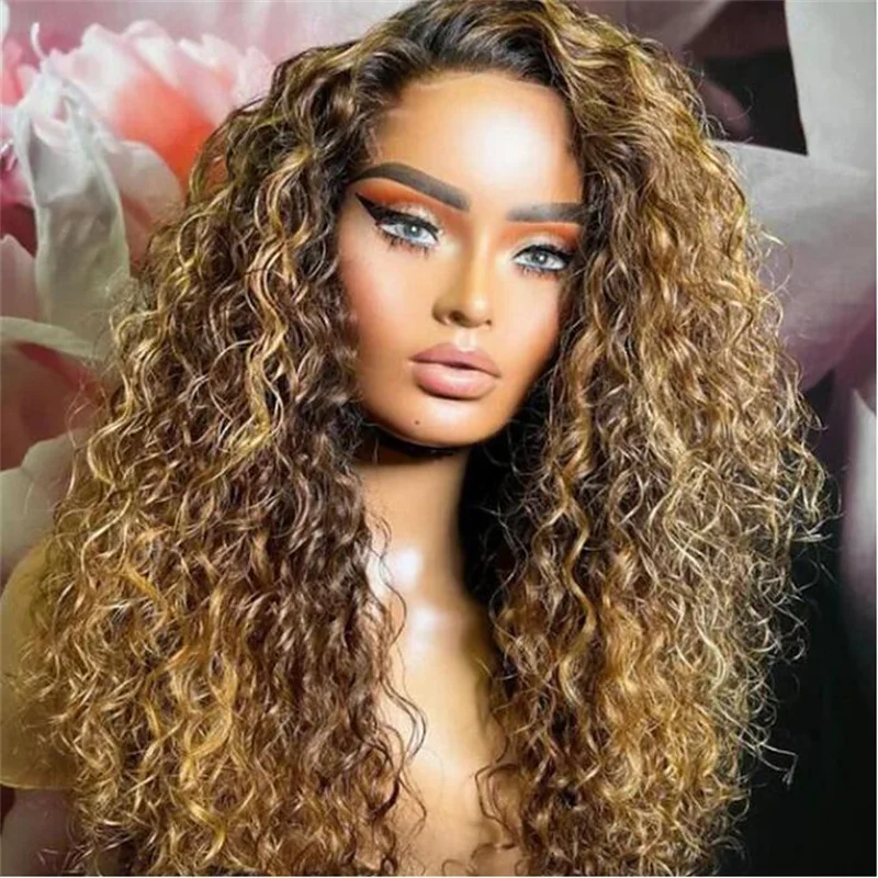 Glueless 180Density Soft Ombre Blond Curly 26Inch Long Lace Front Wig For Black Women With Baby Hair Preplucked Natural Hairline