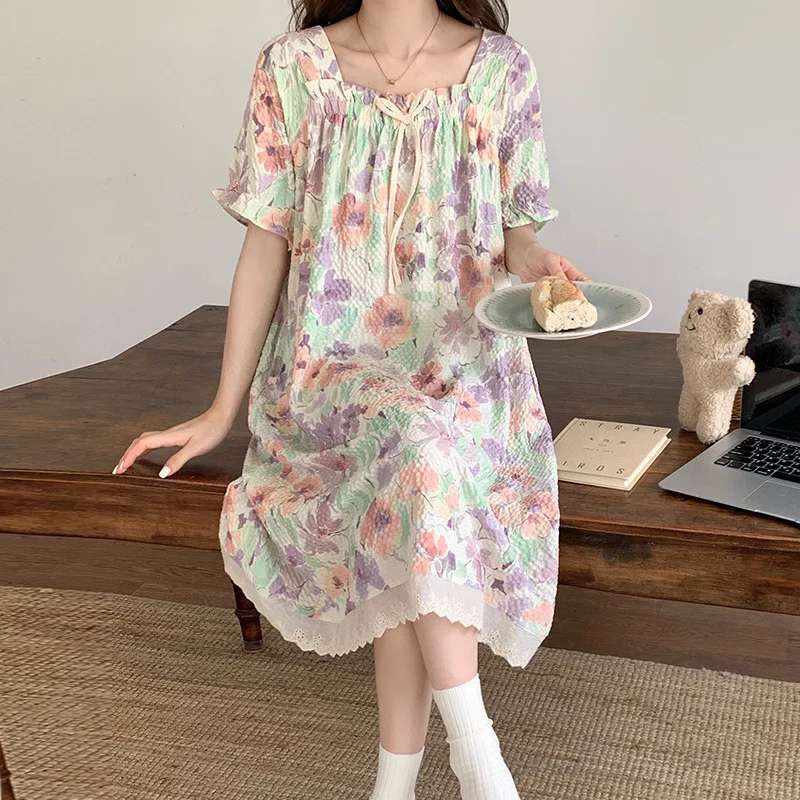 M-2XL vestido de pijama de talla grande para mujer, camisón versión coreana de verano, ropa de descanso de manga corta de algodón con nube, se puede usar en el exterior