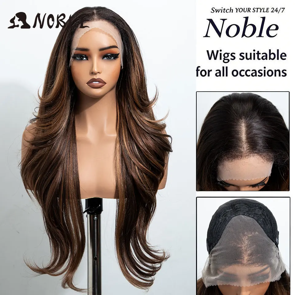 Noble 28 Zoll Synthetische Lace-Front-Perücken für schwarze Frauen, 13x4, vorgezupft, geschichtet, Ombre Braun-Blond mit Highlights, Perücken für den täglichen Gebrauch – Detail 9