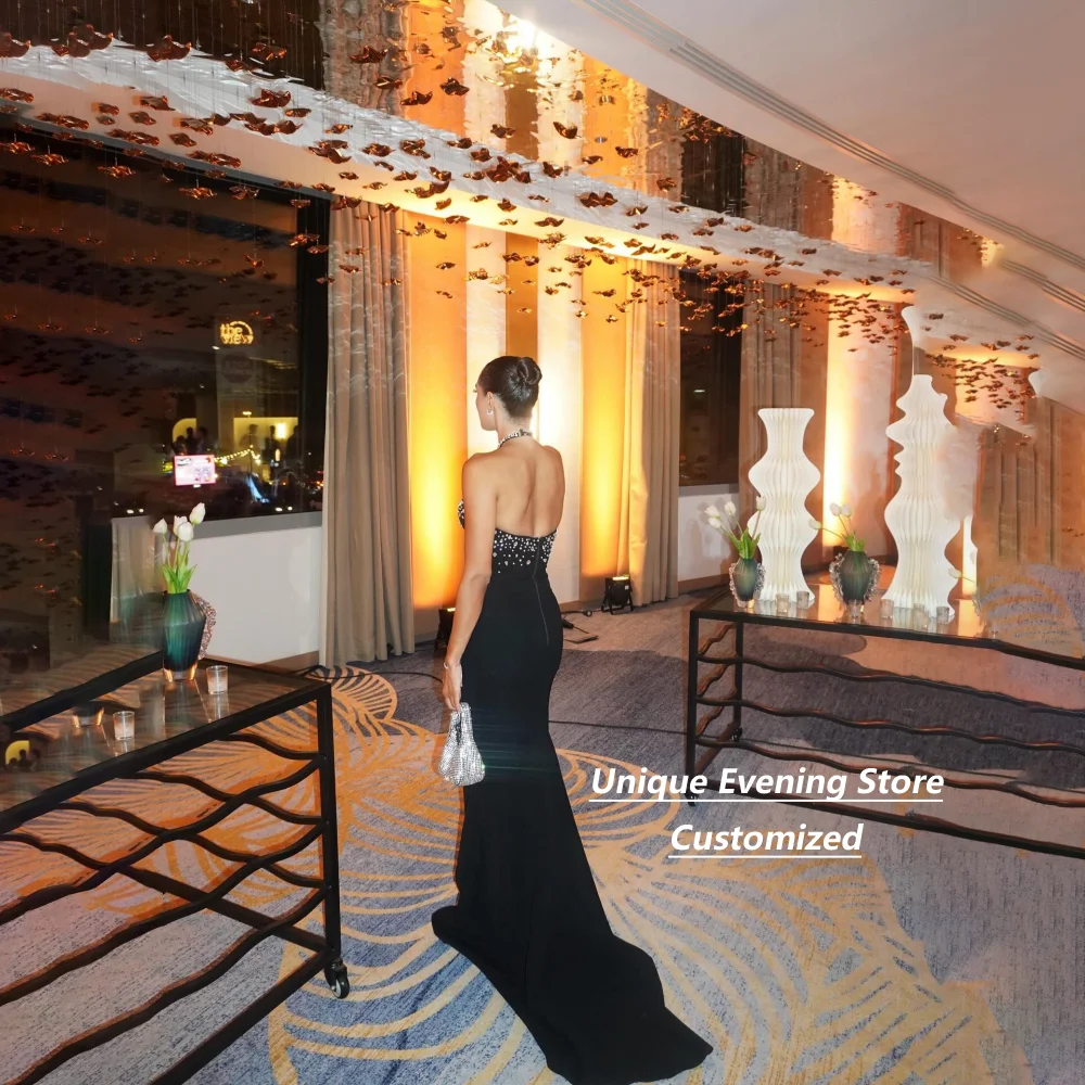 Customized Black Stretch Crepe Mermaid Mother of the Bride Dresses Halter Neck Rhinestone Beaded Backless Formal Dress