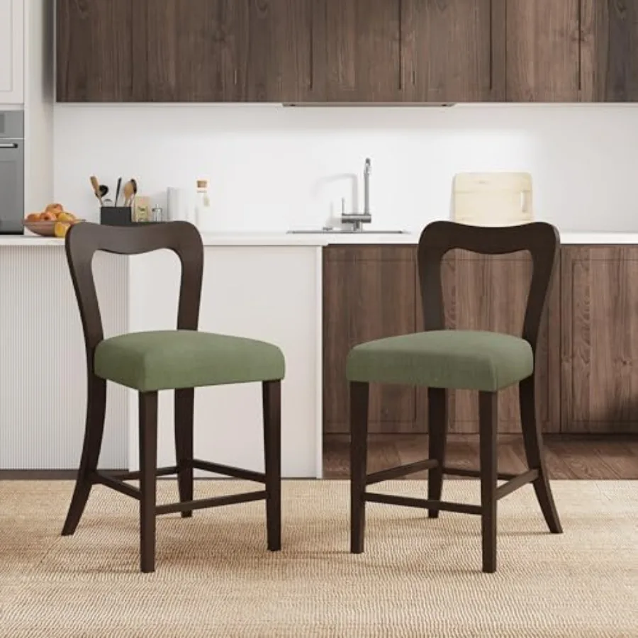 

Counter Height Bar Stools Set of 2, Wooden Counter Stools with Rubberwood Frame, Curved Backrest Kitchen Island Seating for Din