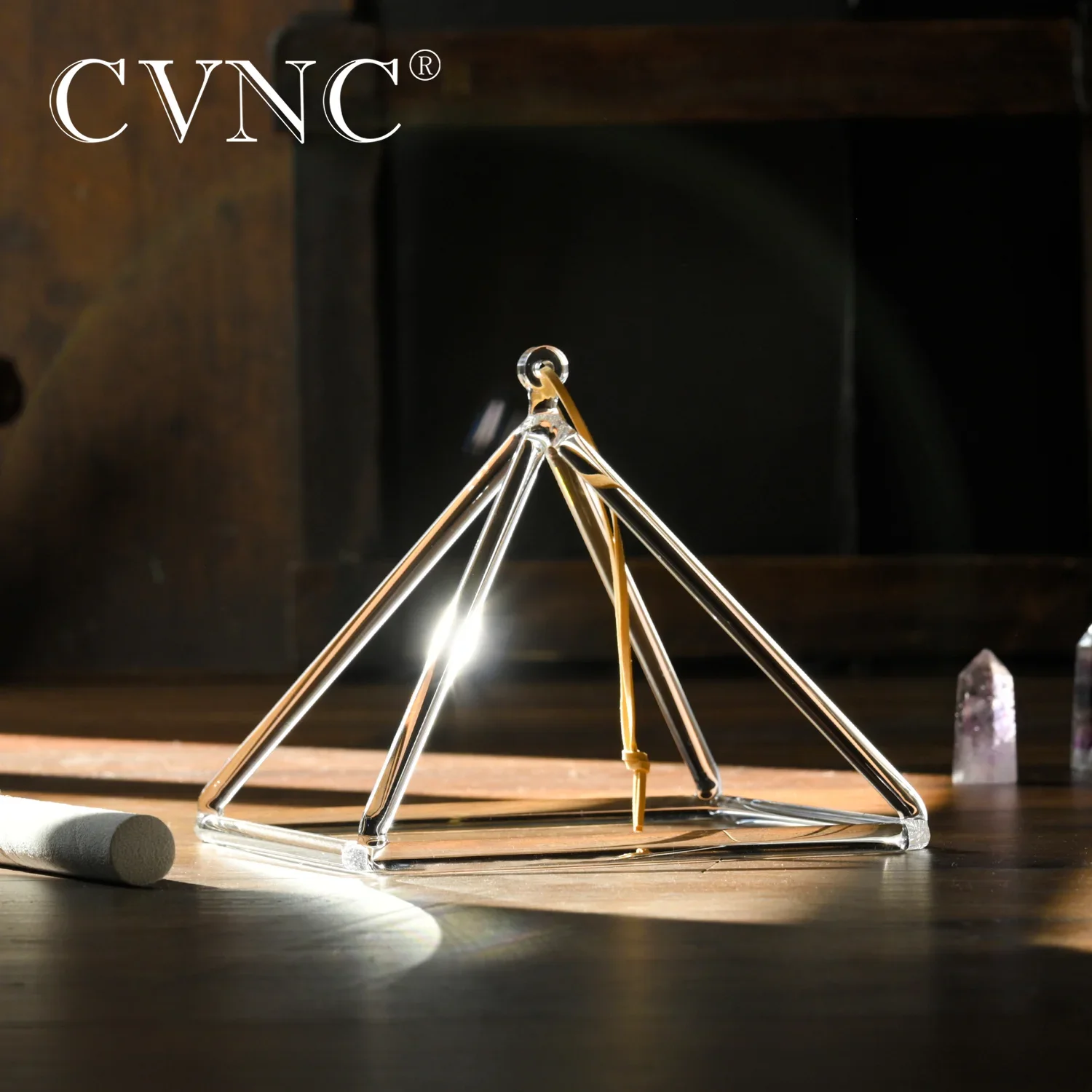 CVNC 10 Inch Clear Quartz Crystal Singing Pyramid for Sound Healing and Increase Energy with Free Mallet