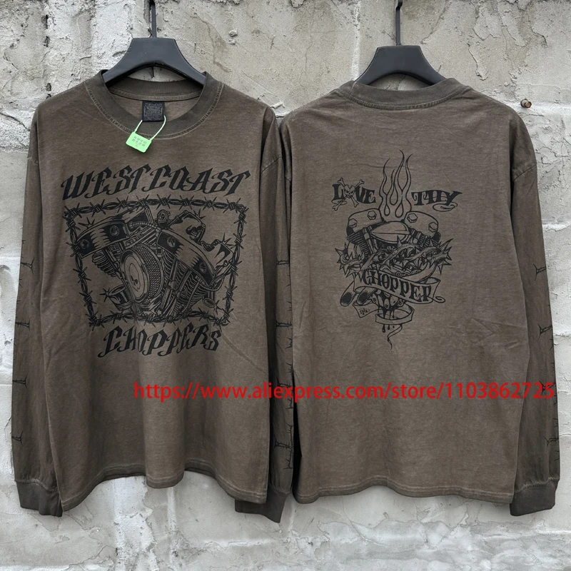 

Retro Washed Do Old West Coast T-shirt Street Hip-hop High Quality Casual Letter Logo Print West Coast Long Sleeves Tops