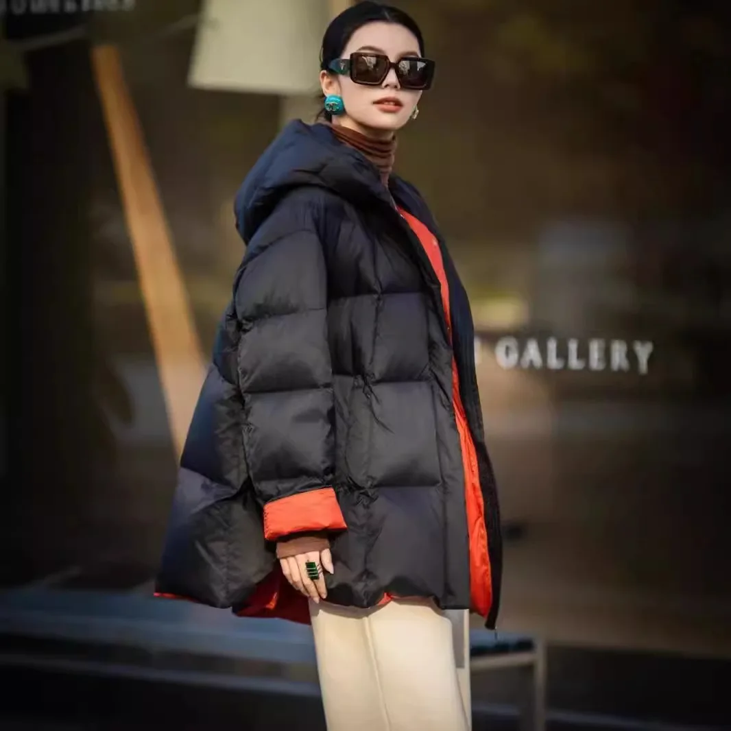 Down jacket women's winter bread jacket loose contrasting colors hooded thickened warm jacket literary thickened warm model