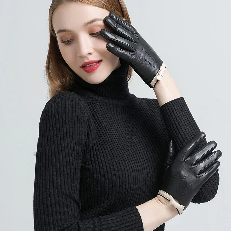 GOURS-guantes de cuero auténtico para mujer, manoplas de piel de cabra auténtica, forro de lana, cálido y suave, moda de conducción, novedad de