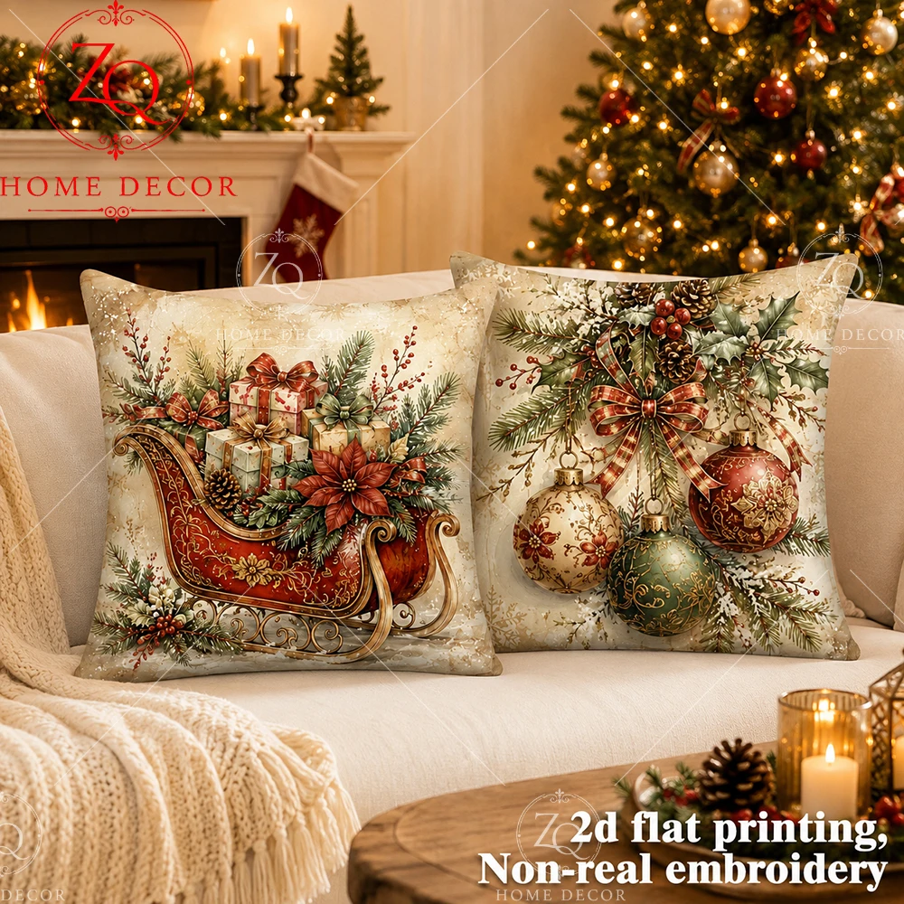 Christmas  Throw Pillow Covers Vintage Xmas Sleigh Gift Holly Ornament Decorative Pillowcase For Sofa Bedroom