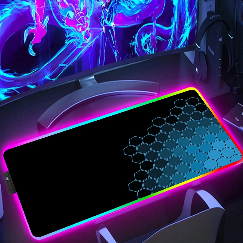 Large Gaming Hexagon Mousepad RGB Geometric HD Mouse Pad Gamer Locking Edge Computer Mouse Mat LED Non-Slip Game Keyboard Pads