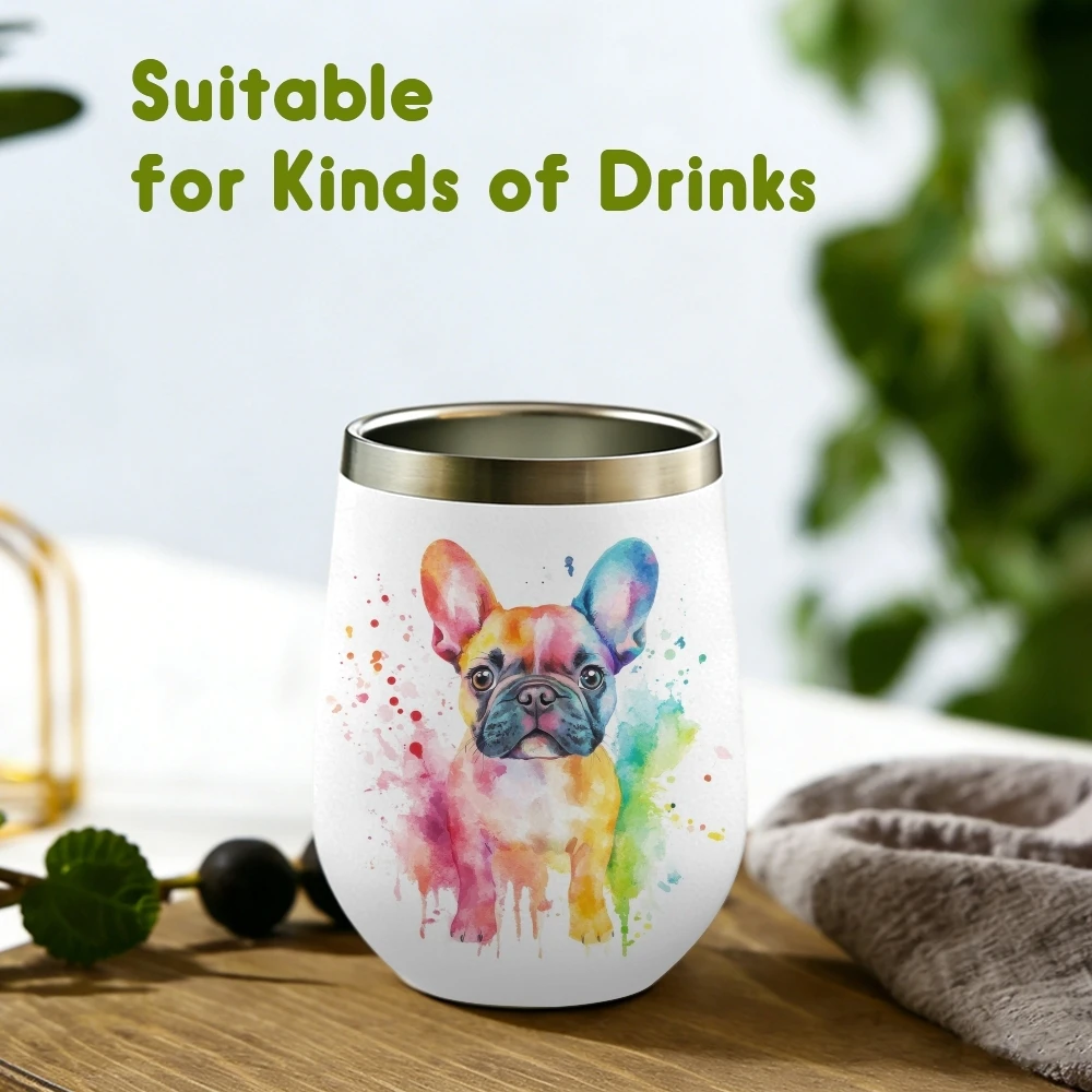 Vakuum-Thermosbecher mit Französische Bulldogge-Malerei, 12oz Isolierter Weinbecher, Vakuum-Kaffeebecher, Ei-förmiger Thermosbecher