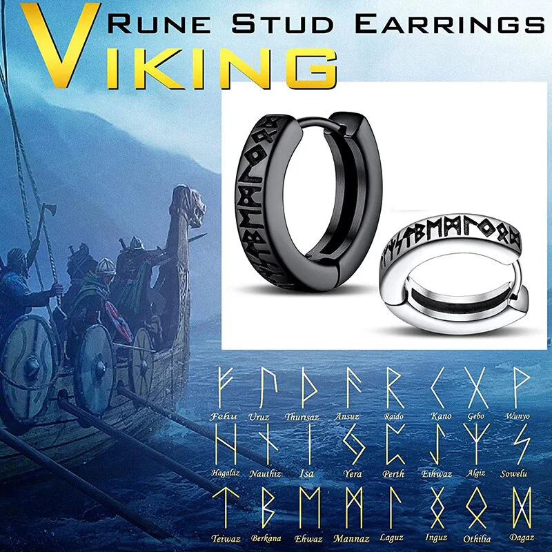 1Pair 12mm Norwegian Viking Rune Hoop Earrings For Men Woman, 316L Stainless Steel Huggie Hoop Religious Ear Piercing Jewelry