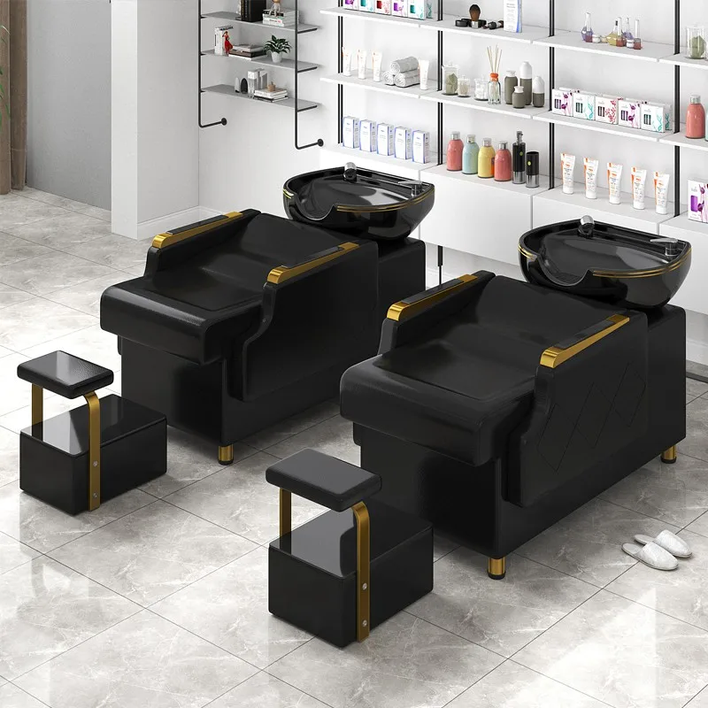 

Luxury Black Shampoo Chair Reclining Gold Head Spa Hairwash Bed Styling Stations Lit Lavage De Cheveux Hair Salon Furniture