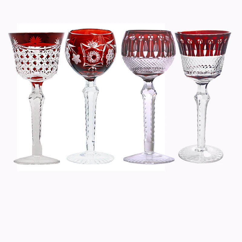 

Premium Red Colored Crystal Glass Hand Cut Beautiful Pattern Red Wine Champagne Glasses for Party Wedding