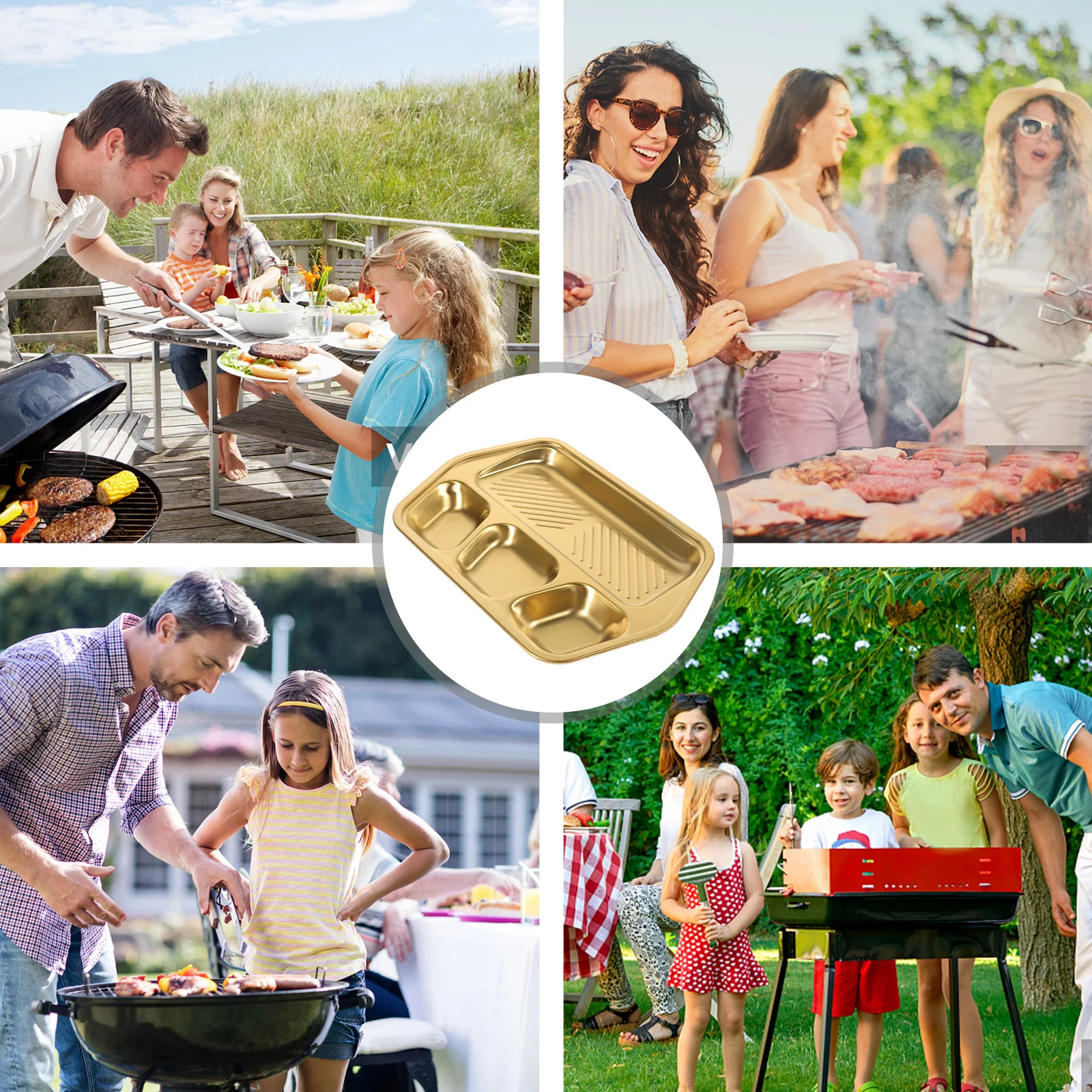 

Stainless Steel Compartment Plate Bbq Serving Dish Roast Meat Divided Dinner Plate Sauce Holder Metal Food Tray Restaurant