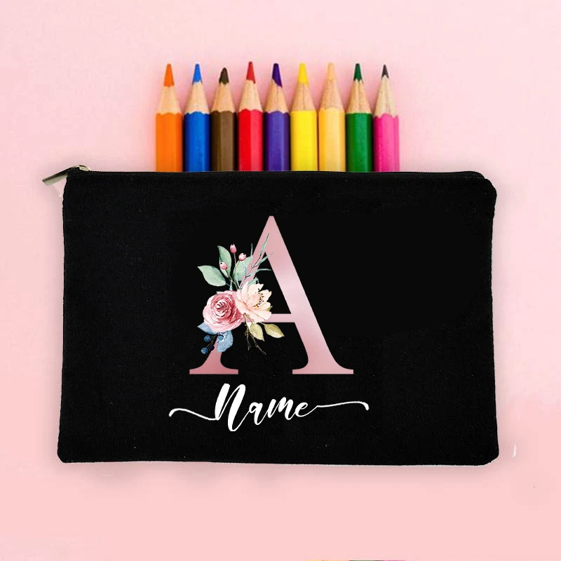 Bolsa de maquiagem com flor gradiente de letras, bolsa de lavagem de lona com nome personalizado feminino, batom, bolsa de armazenamento de viagem, carteira de presente de feriado