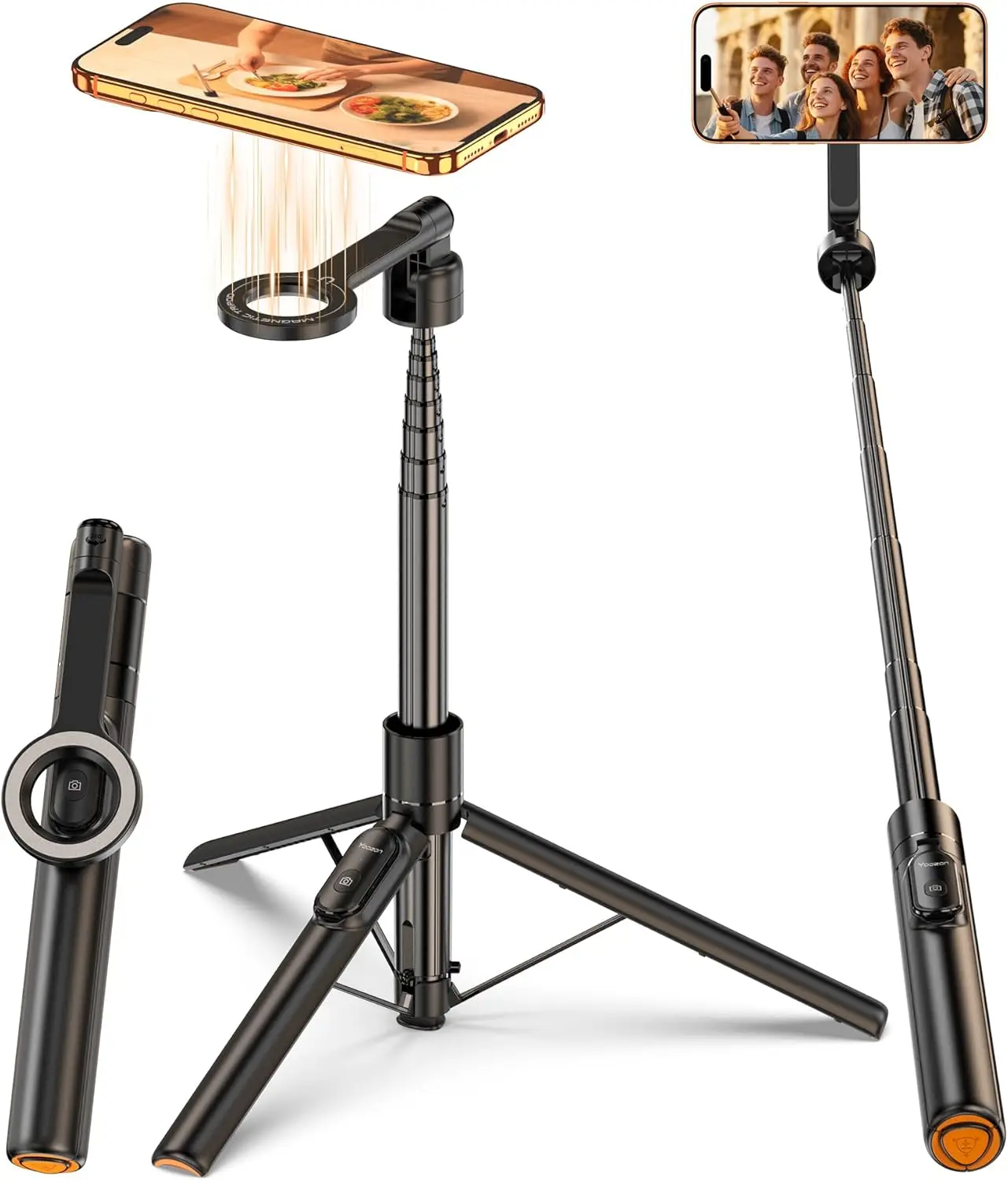 

Магнитная подставка-трипод для телефона с поворотом на 360° ° Вращающаяся головка, 65-дюймовая селфи-палка и Bluetooth-пульт для записи видео на iPhone и Android